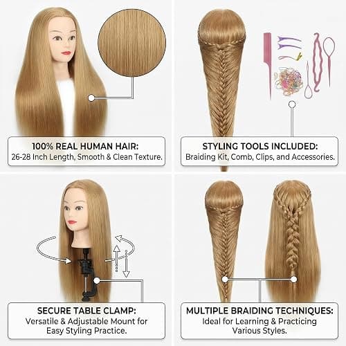 100% Real Hair Mannequin Head Training Head Manikin Cosmetology Doll Head for Hairdresser Practice Braiding Hair Styling with Clamp stand (26-28inch) thumbnail 7