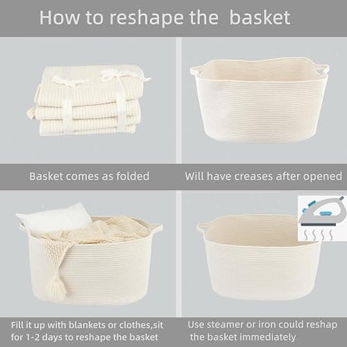 XUANGUO Large Rectangle Blankets Basket Living Room 22"x17"x12" Woven Cotton Rope Storage Baskets for Nursery Toy Baskets for Kids and Dogs Wicker Laundry Basket Bin for Clothes Towels white thumbnail 7