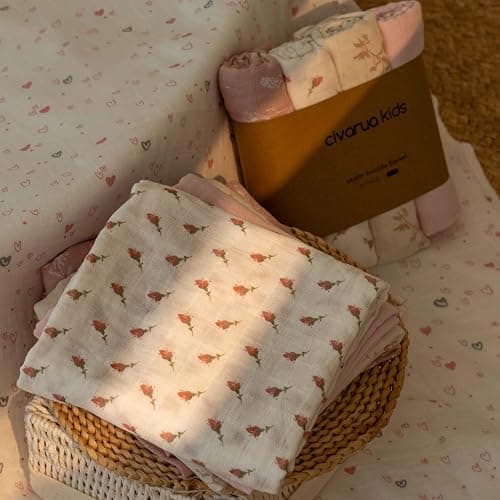 CIVARUA KIDS Muslin Swaddle Blankets for Newborn, 4 Pack Cotton Baby Blankets for Girls, Large 31.5 x 43.3 Breathable Soft Receiving Blanket, Essentials Swaddle Wrap Burping Clothes, Flowers thumbnail 5