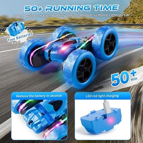 Zalneo Remote Control Stunt Car 4WD 360° Flip Double‑Sided RC Cars, LED Light Bar, USB‑C Modular Battery, 2.4 GHz Outdoor Beach Toy for Boys 6‑12 Years Old, Birthday & Christmas Kids Gift, Blue thumbnail 2