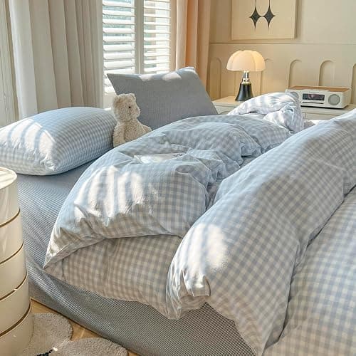mixinni Gingham Comforter Set Twin XL Size - 3 Piece Light Blue Plaid Farmhouse Bedding, Soft Washed Cotton All-Season Comforter & Pillow Shams, Grid Pattern Classic Style for Boys Girls - Image 1
