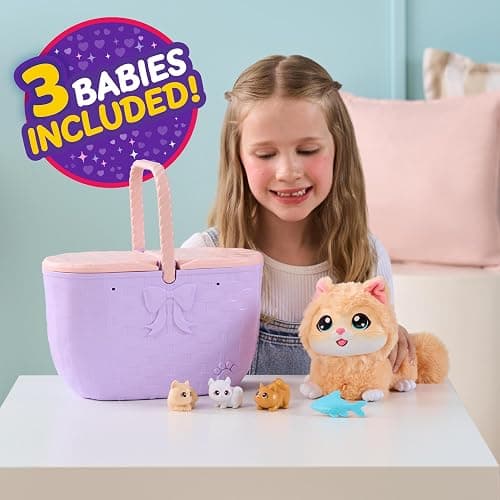 Little Live Pets Mama Surprise Kittens, Interactive Mama, Surprise Toys | Portable basket, fish accessory, 3 baby kittens, and 15+ sounds and reactions for ages 4+ toy cat play thumbnail 2