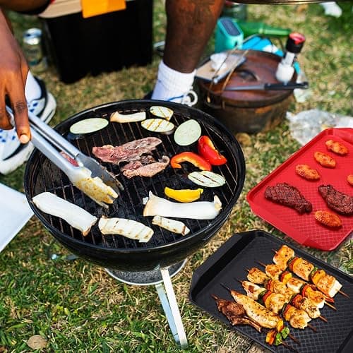 Doublefill Set of 4 Grilling Prep and Serve Trays, 17x12 in Black Red | Large BBQ Platter for Raw and Cooked Food, Cooking Meat Plastic Grilling Trays, Stackable Defrosting Prep and Carry System thumbnail 6