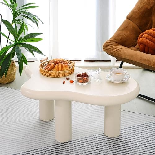 Mordchil HF 34"(L) Cloud Coffee Table, Modern Wood Coffee Table for Living Room, Accent Unique Center Tables with 3 Legs, Small Tea Tables for Balcony, Patio, Bedroom, Cream White thumbnail 4