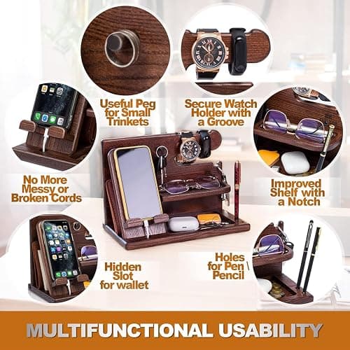 TESLYAR Wood Phone Docking Station for Men - Desk or Nightstand Organizer - Birthday Gifts for Husband, Dad - Anniversary Idea from Wife - Key Holder, Stand Wallet, Watch & Essentials (Bourbon Brown) thumbnail 2