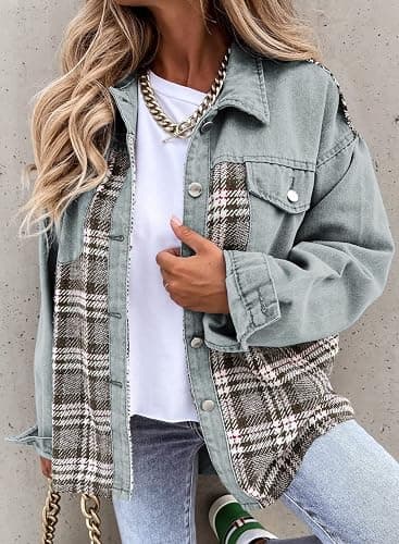 SHEWIN Womens Oversized Denim Jacket Casual Long Sleeve Button Down Plaid Shacket Boyfriend Jean Jacket With Pockets thumbnail 3