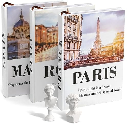 SIMPLIFY ASTHETIC - European Cities Decorative Books Set with 2 Busts Greek Methology and 3 Sets White Hardcover Coffee Table Books with Blank Pages, Home Decor Livingroom - Image 1