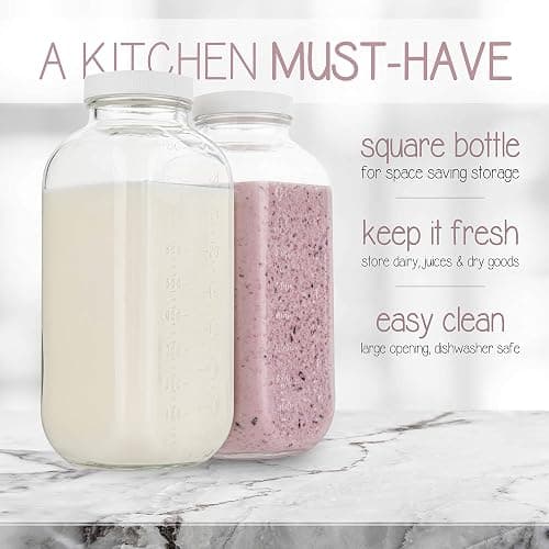 kitchentoolz 32 oz Square Glass Bottles with Plastic Airtight Lids – 4 Pack for Milk, Smoothies, Water, Kombucha, and Broth Storage thumbnail 4
