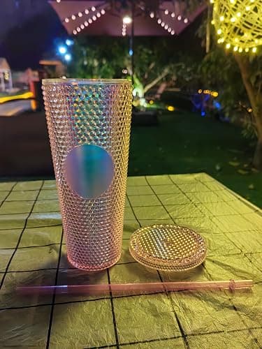 Studded Tumbler With Straw Tumblers With Lids And Straws Pink Tumbler With Straw Textured Cup BPA-Free Double-Wall Plastic Tumblers for Iced Coffee Cold Drinks or Water 24 Oz thumbnail 5