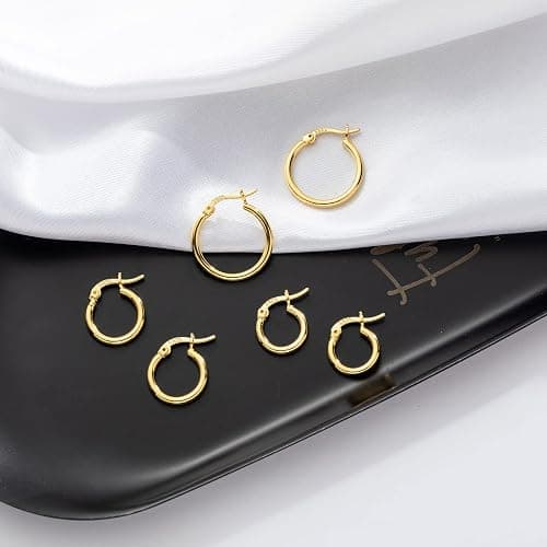 Gold Hoop Earrings for Women Sterling Silver Post Small Gold Hoop Earrings 14k Real Gold Tiny Hypoallergenic Small Hoop Earrings Set for Women Men Girls 13/15 /20mm PABBEU thumbnail 3