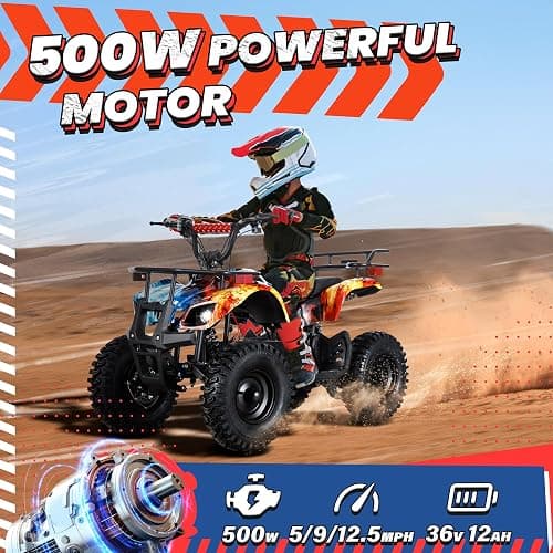 UNYMON 36V Kids ATV XL Four Wheeler w/EVA Tire Ride on Toys for Big Kids 4-Wheeler Dirt Quad Electric ATV with 500W Powerful Motor Off-Road Electric Vehicles, Fire thumbnail 3