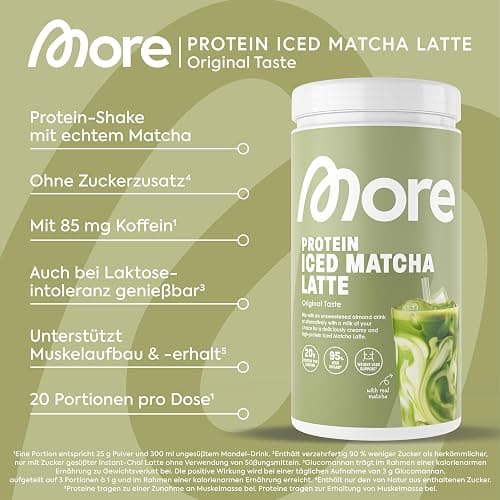 MORE Protein Iced Matcha Latte, 500g, Matcha Grünteepulver mit wertvollen Proteinen, wenig Zucker und Fett - made in Germany thumbnail 3