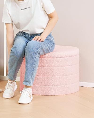 B FSOBEIIALEO Ottoman with Stroage, Round Sherpa Storage Ottoman Stool, Boucle Foot Rest22 x 22"x15.75" (Pink thumbnail 6