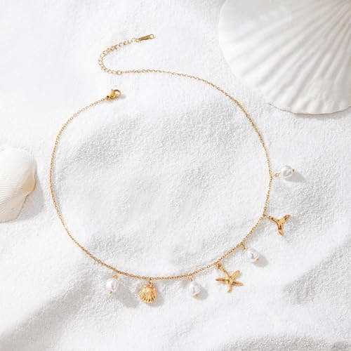 RIXERKOC Collier de Charme en Or pour Femme, Délicat Pendentif Etoile de Mer en Perle, collier joli coquillage en or 14k, collier ras de cou à breloques boho, bijoux d'été plage surfeur - B thumbnail 5