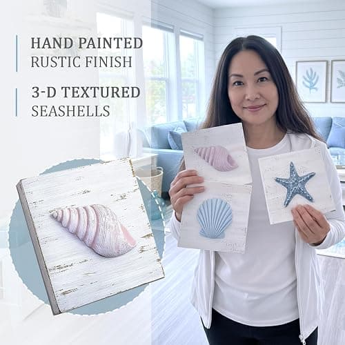 Tide and Tales 3D Beach Wall Art - Seashell with Starfish for Coastal Bathroom Decor, Ocean Inspired Decor for Bathroom, Coastal Bedroom, Living Room or Beach House, Set of 3 (6”x 6”) thumbnail 5