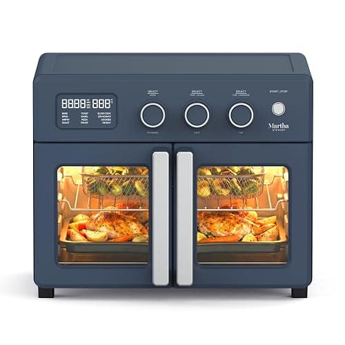 Martha Stewart French Door Air Fryer Toaster Oven Combo, 34QT Countertop Convection, 12-in-1, Bake, Broil, Roast, Fits 12” Pizza, Dehydrate, 5 Accessories, Air Fry Basket, Stainless Steel, Indigo Blue - Image 1