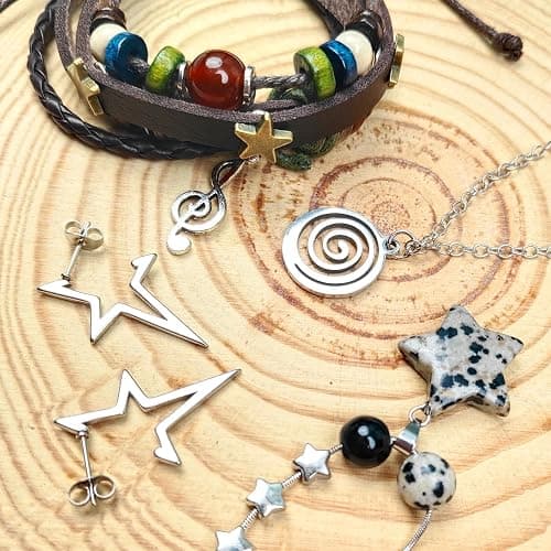 BATHRINS Y2k Grunge Jewelry Accessories - Spike Star Earrings Dangle,Gothic Swirl Star Necklace,Leather Bracelet For Halloween Rave Concert Alt Punk Emo Accessories thumbnail 5