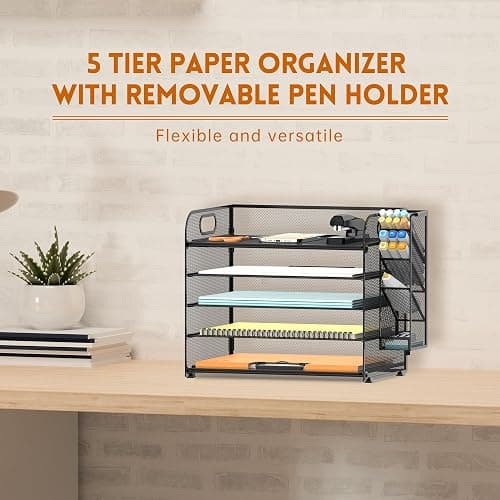 SUPEASY Schreibtisch-Organizer mit 5 Etagen, mit Griff und abnehmbaren Stifthaltern, Netz-Papier-/Akten-Organizer für den Schreibtisch, Papier-Briefablage, Organizer für Bürobedarf (schwarz) thumbnail 3