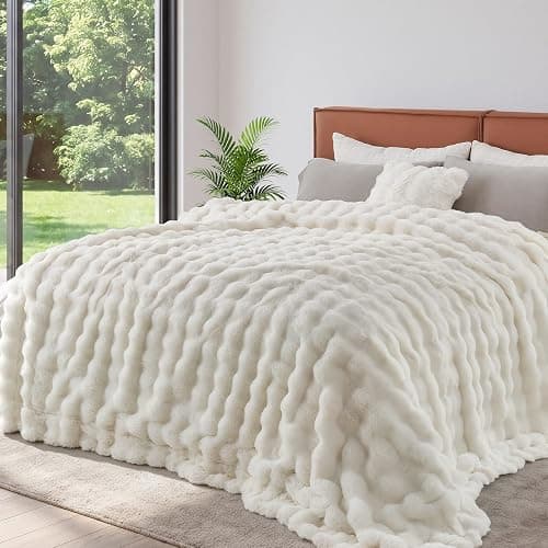 Lotus Karen Queen Size Faux Fur Blanket - Cream White Big Bubble Rabbit Fluff, 90x90 Inches - Image 1