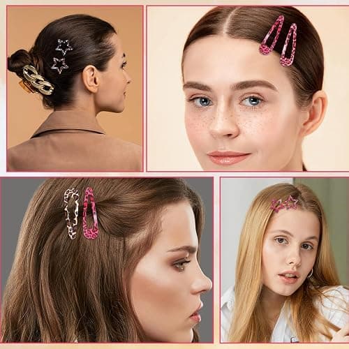 XLIUAX 16Pcs Metal Snap Hair Clips, Pink Leopard Print Hair Barrettes, Star & Water Drop Hairs Clip Non-Slip 2000s Aesthetic Hairs Accessories for Women Girls Thick Thin Styling Decorations thumbnail 7