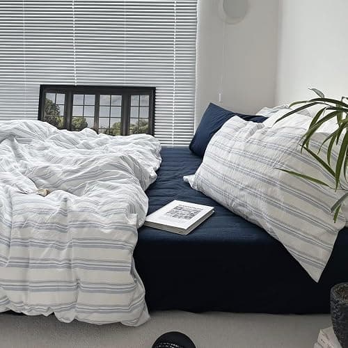 mixinni Vintage Light Blue & White Striped Comforter Set Twin XL Size - Soft Washed Cotton 3-Piece Bedding Set (1 Comforter + 2 Pillowcases), Retro Geometric Pattern, All-Season Breathable & Fluffy thumbnail 3