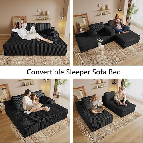 Oversized 80" Double Chaise Lounge Chair Futon Sofa Bed Boneless Cloud Couch Sleeper Sofa, Flannel Upholstered Floor Sofa Modular Sectional Loveseat with 2 Throw Pillow & Backrest Pillow, Black thumbnail 6