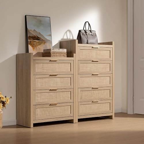 SICOTAS Dresser for Bedroom Chest of Drawers 46" Tall Dresser for Closet with 5 Rattan Drawers Boho Night Stand Large Clothes Storage Cabinet for Living Room Hallway Nursery Entryway - Reclaimed Light Oak/5 Drawers - 1 Piece thumbnail 8