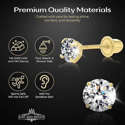 Art and Molly 14K Solitaire Gold Earring Solid 14-Karat Round Cubic Zirconia Stud Earrings with Screw-Back, CZ Studs with Gift-Ready Box thumbnail 3