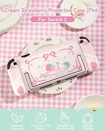 GeekShare Strawberries with Cream Case Compatible with Switch 2, Slim Separable Soft Silicone Protective Shell with 2 Thumb Grip Caps -- Pink thumbnail 2