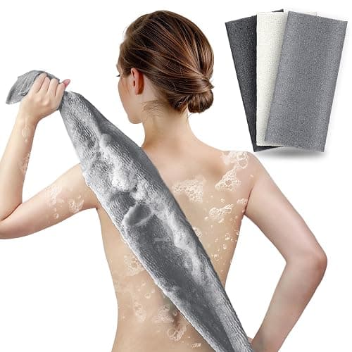 ARCH&M Exfoliating Washcloth (3 Pack), Japanese Body Scrubber for Shower, Long Nylon Towel for Back, Korean Exfoliation for Glowing Skin (Gray Black Off-White) - Image 1