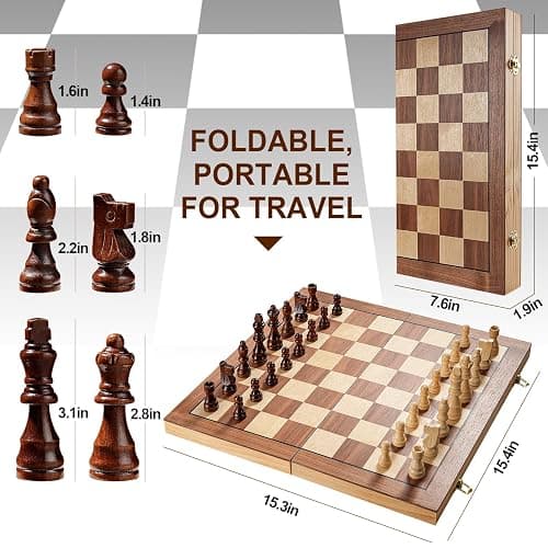 Magnetic Chess Board Set for Adults & Kids, 15" Wooden Folding Chess Boards, Handcrafted Portable Travel Chess Game with Pieces Storage Slots thumbnail 3