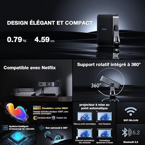 Mini Videoprojecteur 4k, [App Officiellement Certifiée & Ultra-Fin] VOPLLS 28000 Lumens Auto Focus/Keystone Projecteur Video, FHD 1080P Retroprojecteur Portable WiFi Bluetooth/Home Cinéma/Phone thumbnail 2