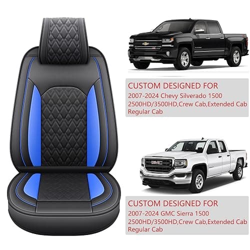 JOJOBAY Chevy Silverado Seat Covers,Leather Seat Covers for GMC Sierra,Custom Fit 2007-2026 1500 2500HD 3500HD Crew Double Extended Regular Cab,LT LZT RST Trail Boss(Front Pair,Black Blue) thumbnail 5