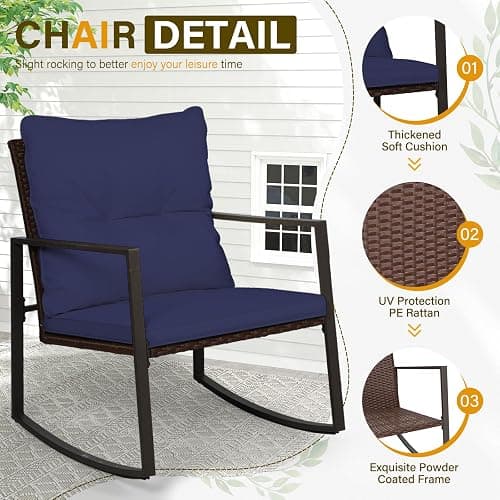 SUNCROWN 3 Piece Outdoor Rocking Bistro Set Brown Wicker Furniture Porch Chairs Conversation Sets with Glass Coffee Table, Dark Blue thumbnail 7