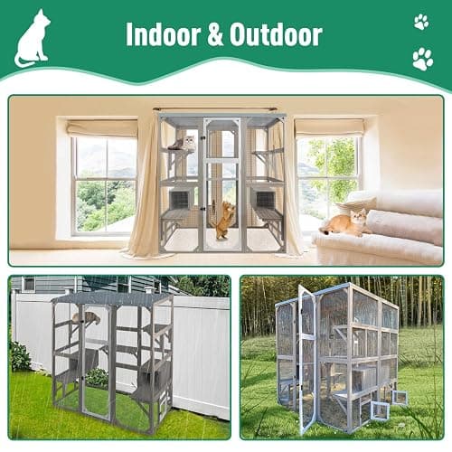 PetsCosset Outdoor Cat Catio Enclosures Large Wooden Cat House Patio for Indoor Cats Feral Cat Shelter with 2 Espace Doors, 2 Resting Rooms, 5 Platforms, Removable Waterproof Cover 67.7" H - 67.7"H Cat Catio thumbnail 7