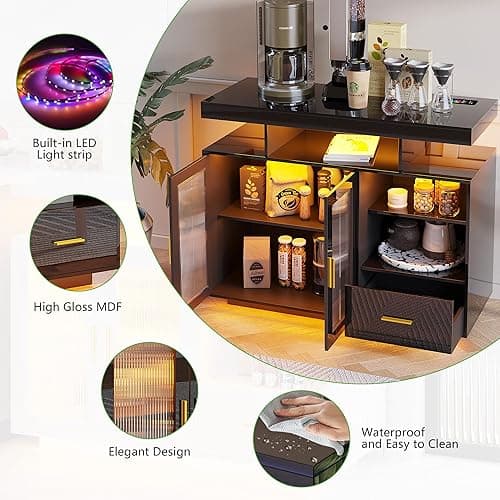 HNEBC LED Sideboard Buffet Cabinet with Charging Station, Smart Bar Cabinet with Auto RGB Lighted, High Gloss Coffee Bar with Drawer/Hutch for Living Room, Dining Room, Home Storager(Black) thumbnail 5