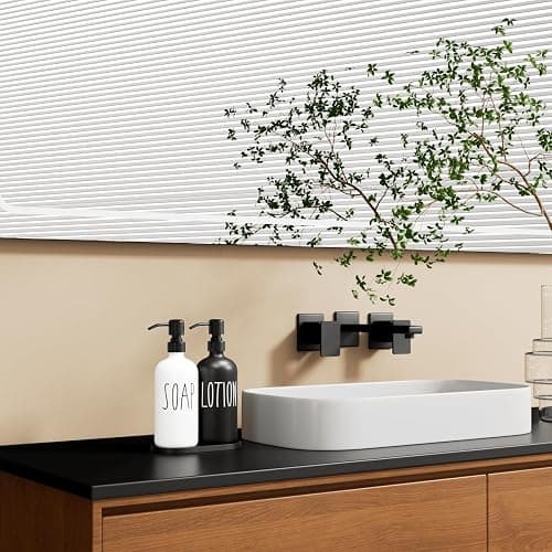 MOMEEMO Glass Soap Dispenser with Stainless Steel Pump, Contains Lotion Dispenser, Hand Soap Dispenser & Tray. (Black & White) thumbnail 2