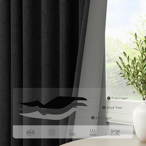 Black Curtains 84 Inches Long for Bedroom 2 Panel Set Linen Textured Total Blackout Thermal Insulated Darkening Dark Curtains Black Out Shades for Living Room Floor Length Window Drape Back Tab Pocket thumbnail 5
