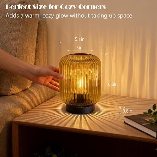 LUSHARBOR Battery Operated Lamp, Cordless Table Lamps for Home Decor, Battery Powered Nightlight with LED Bulb, Decorative Glass Beside Lamp for Bedroom Living Room-Gold thumbnail 3