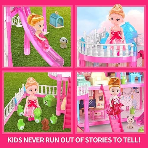 Pupu Pig Doll House Toys for Girls, Dollhouse with Glow in The Dark, Kids Doll House Playset with 4-Story 14 Play Areas, 2 Dolls, Toy Dogs, Dollhouse Accessories and Furniture, Princess Toy Gifts thumbnail 5