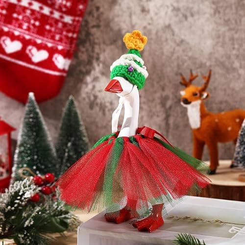 Sunnymove 7 Inch Christmas Mini Desk Goose Outfits with Christmas Tree shape Knitting Hat Red and Green Tutu Dress Mini Desk Goose Customs for Magnetic Statue Key Holder Decor thumbnail 2