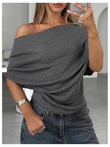 SHENHE Women's Off The Shoulder Sweater Short Sleeve Loose Fit Dressy Bat Wing Sweater Pullover thumbnail 3