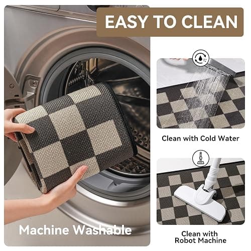 YDKGL Kitchen Rugs Kitchen Mats for Floor Non Slip Beige Checkered 17"x30" | Super Absorbent Woven Rubber Backing Washable Kitchen Floor Mat Sink Mat Runner Rugs Front of Sink, Easy Clean thumbnail 4