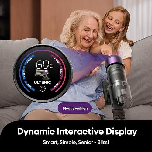 Ultenic U20 Akku Staubsauger, 55000Pa/ 600W/60Min Staubsauger Kabellos Mit Selbststehendes Design, Flexibles Biegegelenk, GreenEye-Technologie, Anti-Tangle Bodenbürste für Hartböden Teppiche Tierhaare thumbnail 8