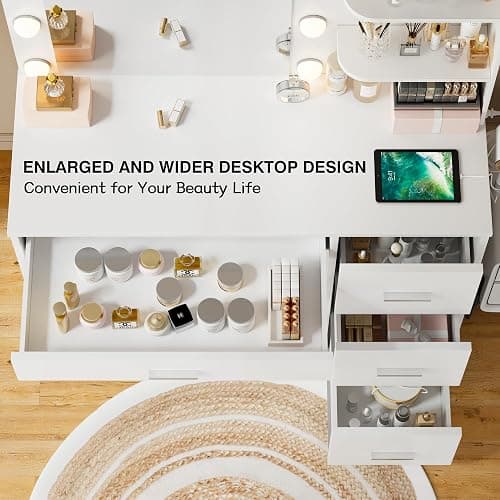 YESHOMY Vanity Desk with Mirror, 10 Lights, Power Outlet and 3 Storage Shelves, Makeup Table with 4 Drawers, 3 Color Modes, for Bedroom, White thumbnail 4