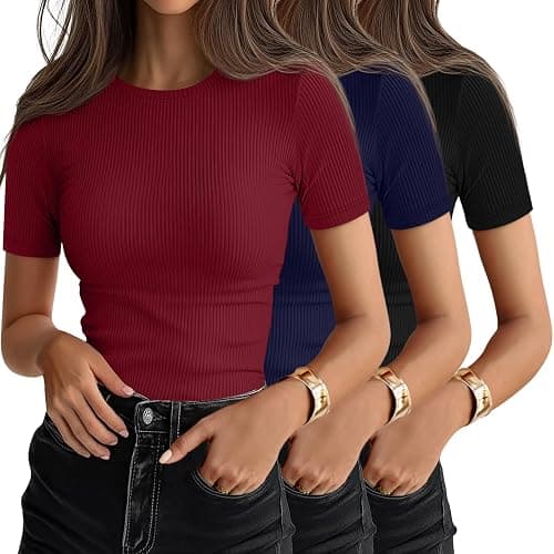 Ficerd 3 Pack Women's Ribbed T-Shirts, Cotton Short Sleeve Basic Tees Crewneck Fitted Tops Casual Shirts 2025 Summer Trendy - Image 1