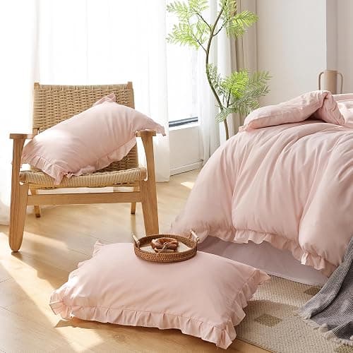 JANZAA Twin Comforter Set Pink Beding Set 2PCS (1 Ruffled Comforter Set and 1Pillow case) Fluffy Vintage Farmhouse Shabby Chic Bedding Soft All Season thumbnail 4