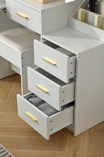 FOREST GRAVITY 58.3'' Large Vanity with Folding Up Mirror and Lights,Makeup Vanity Desk with Mirror and Lights,Outlet, Chair and Two Makeup Organizers,Dressing Table for Bedroom,White thumbnail 10