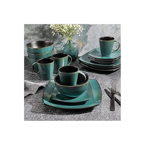 Gibson Elite Soho Lounge 16 Piece Reactive Glaze Dinnerware Set, Soft Square, Teal Green, Service for 4 (16pc) thumbnail 4