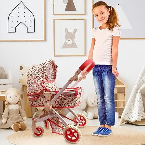 Convertible Combo Baby Doll Stroller for 3 Year Old Girls & Up | Play Toy Baby Stroller for Dolls, Folding Adjustable Bassinet Carriage Buggy with Storage Basket Converts to Sit Up Pushcart Pram, Red thumbnail 7
